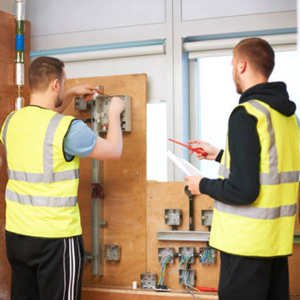 Industrial training hallway with electrical workstations.